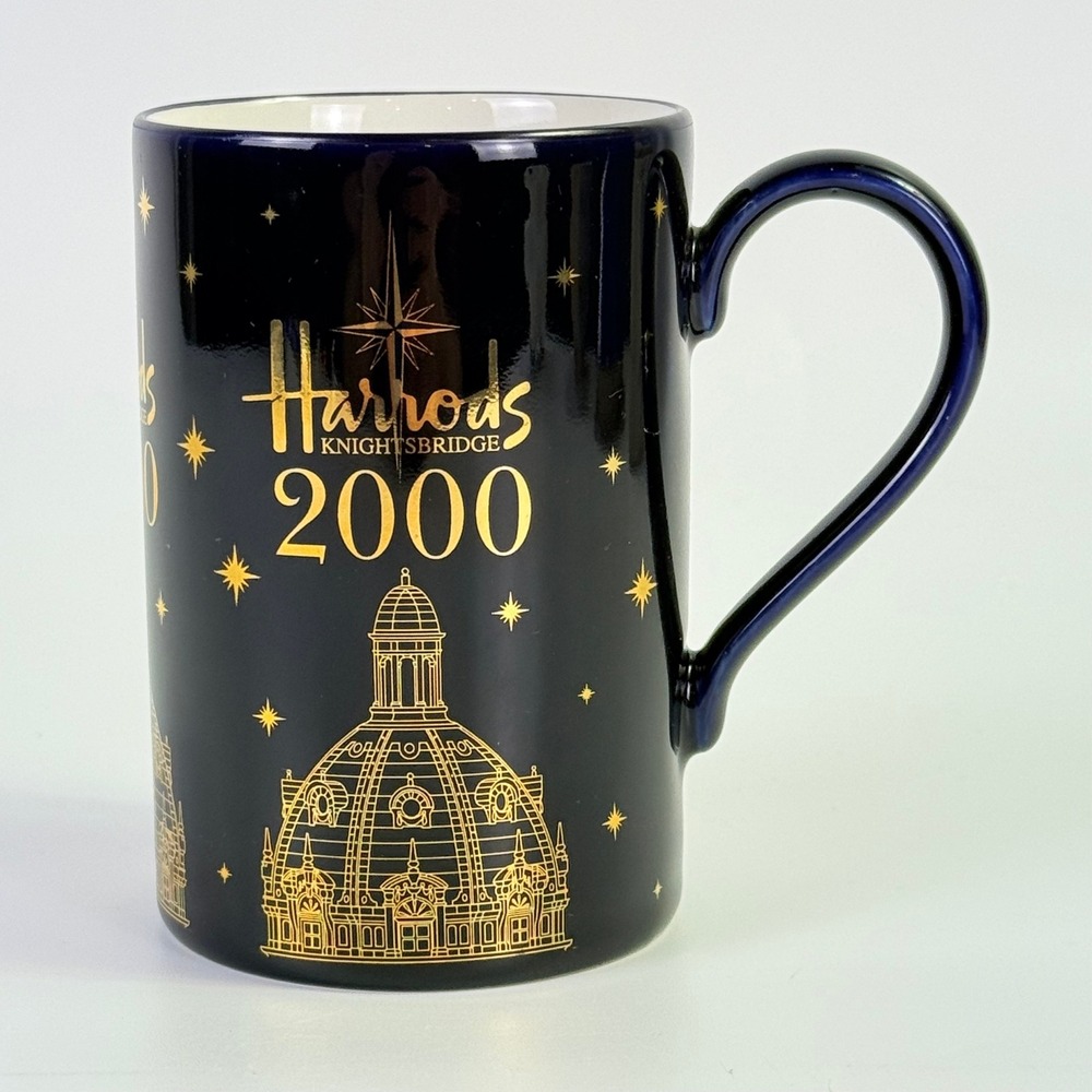 Harrods Coffee Mug 2000 Millennium Navy Gold Stoneware Good London Collectible